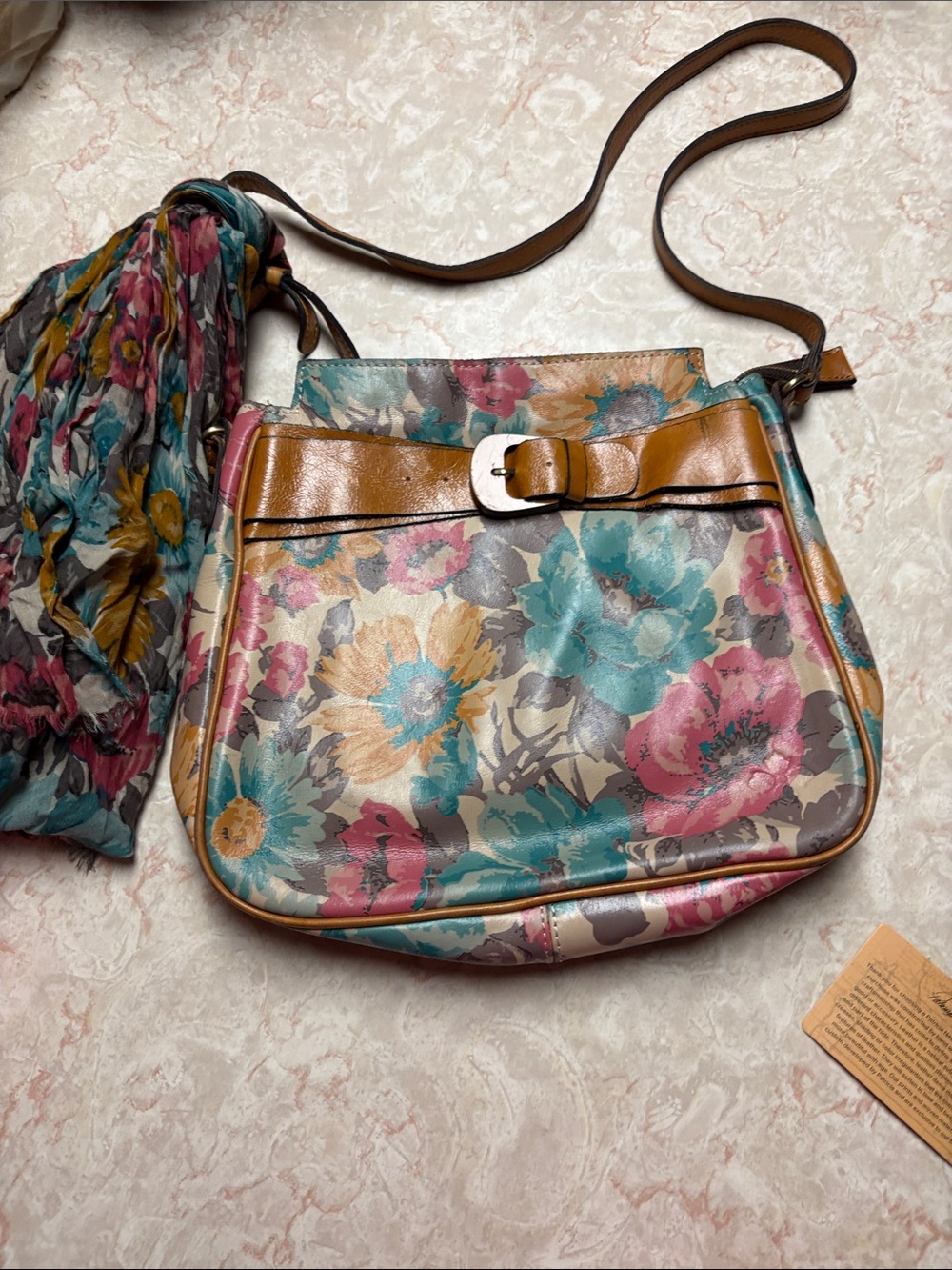 Patricia Nash Floral Crossbody in Teal, Pink, Gold and Tan